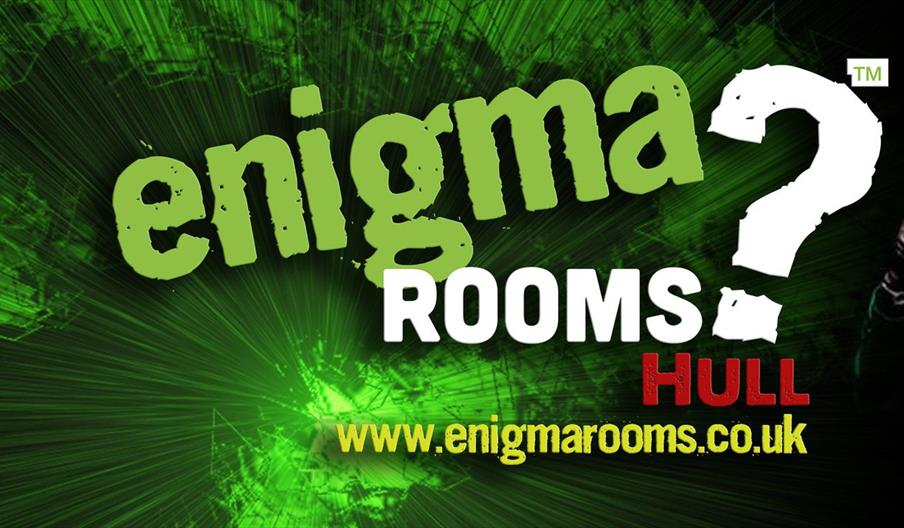 A green splash image of the Enigma Rooms? Hull text, with the link to their website www.enigmarooms.co.uk below, and a man stood to one side dressed a