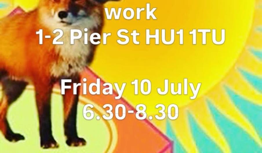 A colorful poster features a fox standing on a geometric platform with a bright yellow sun in the background. Overlaid text announces "FERAL REVEAL #1
