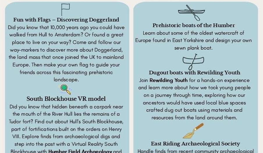 Poster for the Festival of Archaeology Day, highlighting activities about the aquatic environments of East Yorkshire from prehistory to today. Details