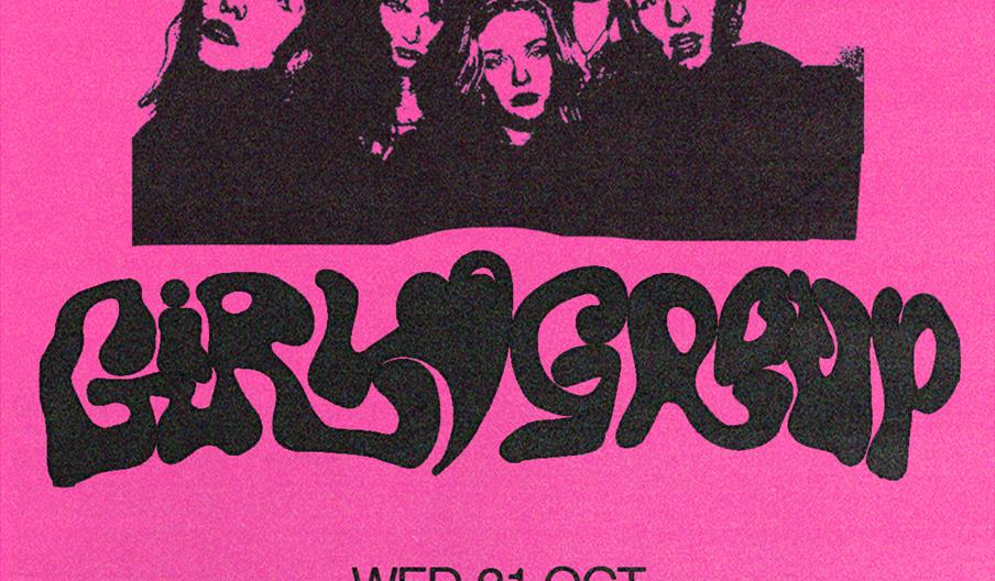 A pink concert poster featuring a black-and-white photo of five people posing together at the top, with text announcing "EU & UK TOUR 2026" for the ba
