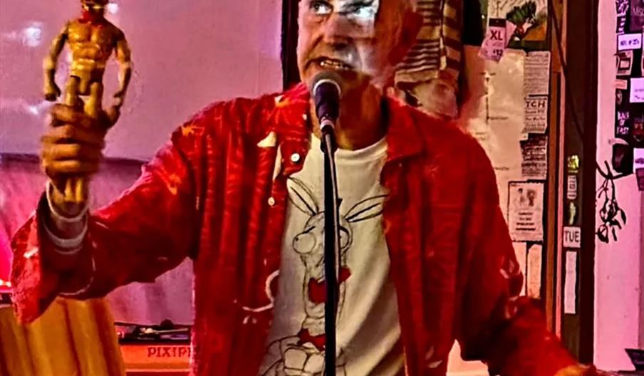 A person wearing a red shirt and a bandage on their forehead stands behind a keyboard labeled "CASIO GO-GO," holding up a giraffe puppet in one hand a