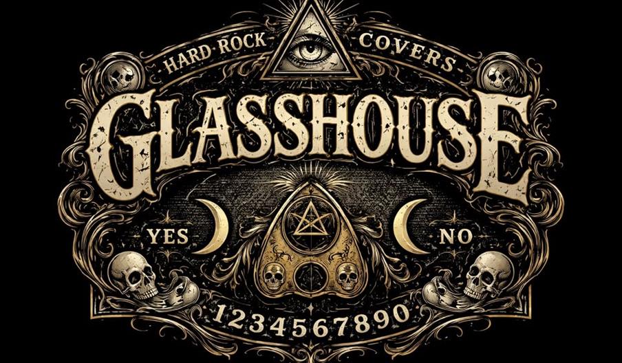 Ornate vintage-style illustration featuring the word "GLASSHOUSE" with the subtitle "Hard Rock Covers," surrounded by mystical symbols including an al