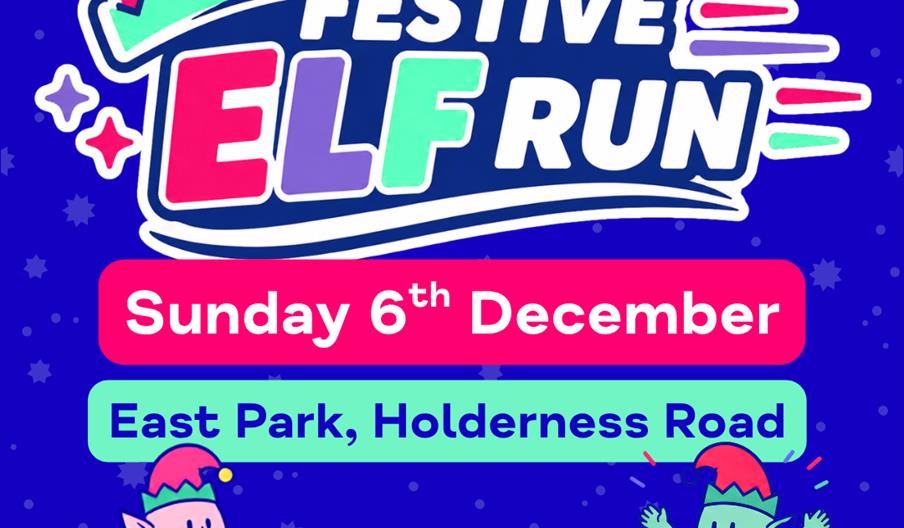 Promotional poster for the "Festive Elf Run" by Mind Hull and East Yorkshire, featuring cheerful elf characters in elf hats, with event details statin