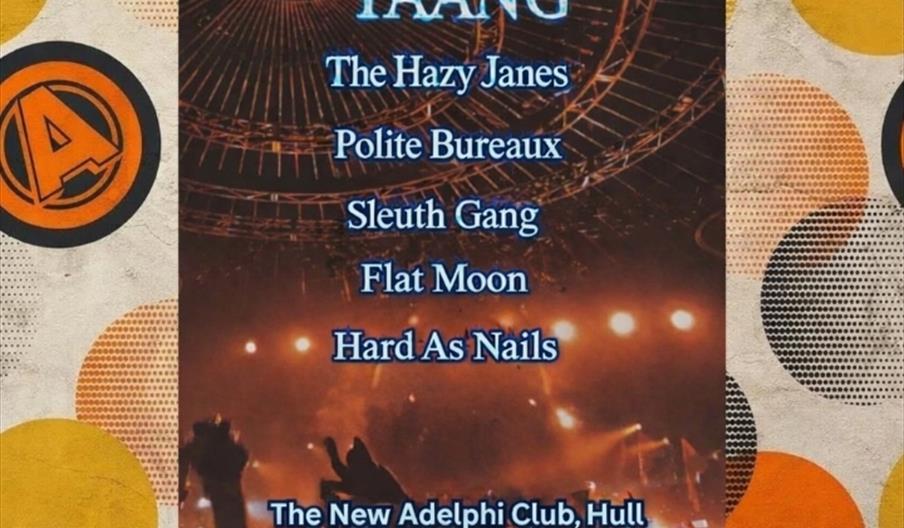 A concert poster for "Hot Right Now: The best upcoming artists in the industry," listing bands YAANG, The Hazy Janes, Polite Bureaux, Sleuth Gang, Fla