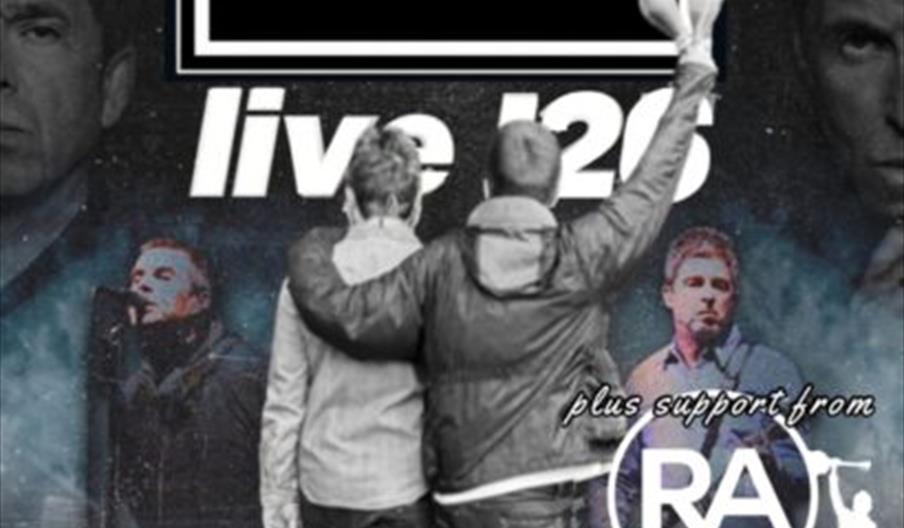 Promotional poster for a tribute concert, featuring large text "huasis live 12/6" with "A Biblical Tribute to Oasis" above and "plus support from Bitt