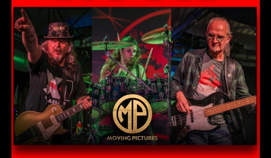 Concert poster for "Moving Pictures: A Tribute to Rush" featuring images of three band members performing on stage, with event details for a show on F