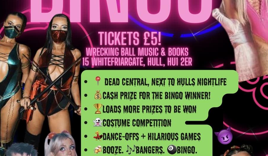 Colorful event poster for "Halloween Bingo" at Wrecking Ball Music & Books in Hull, featuring photos of people in costumes and masks, bold neon text,