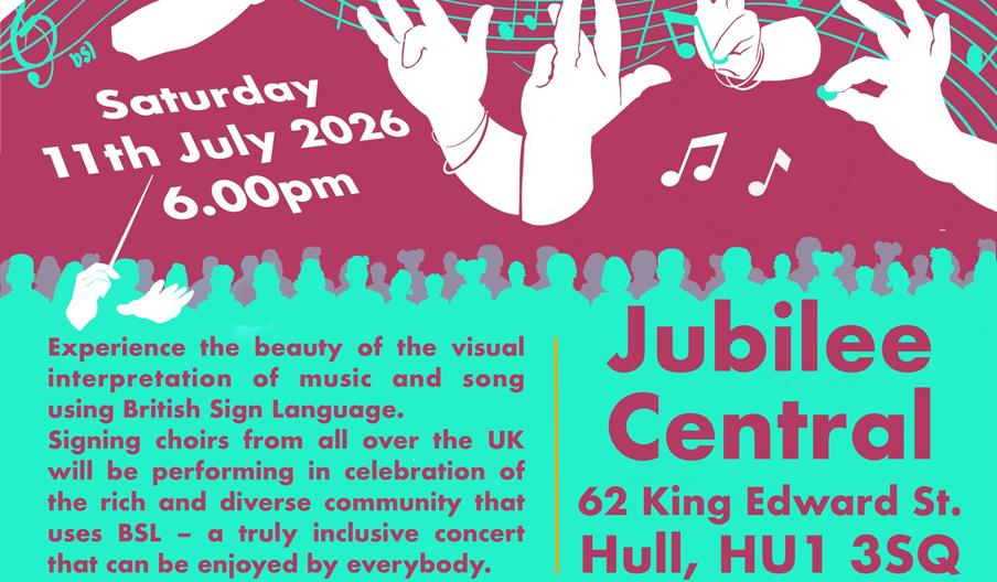 Poster for "Handsong Festival" on Saturday, 11th July 2026 at 6:00pm at Jubilee Central, Hull, featuring illustrations of hands signing with musical n