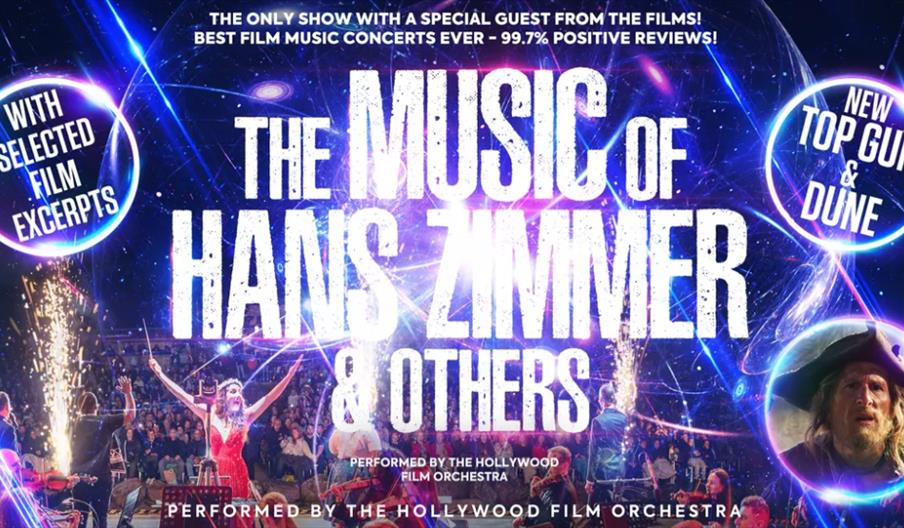 Concert poster featuring bright neon lights and text promoting "The Music of Hans Zimmer & Others," performed by the Hollywood Film Orchestra, with se