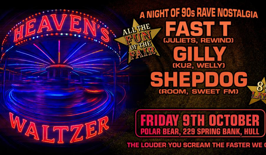 Promotional poster for a 90s rave nostalgia event titled "Heaven's Waltzer," featuring a neon-lit fairground ride on the left and event details on the