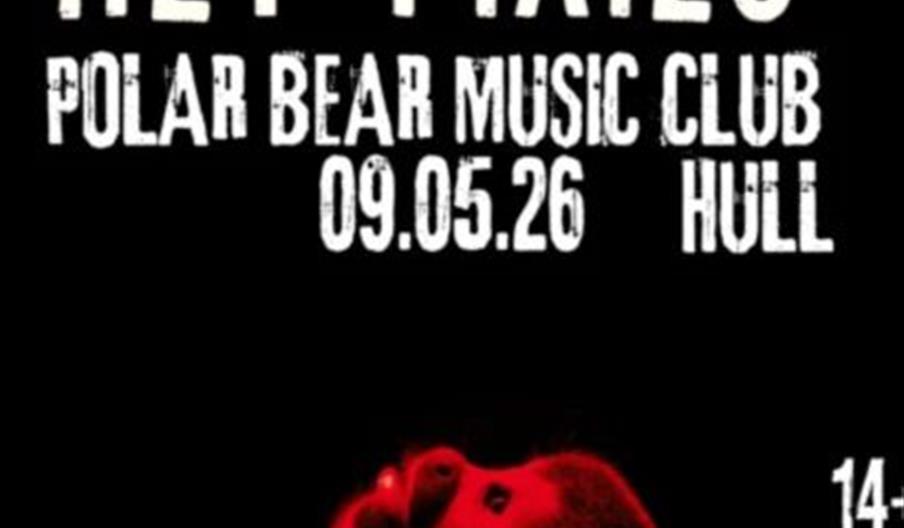 Concert poster for "Hey Pixies" at Polar Bear Music Club in Hull on May 9, 2026, featuring a red-tinted image of a monkey and event details including