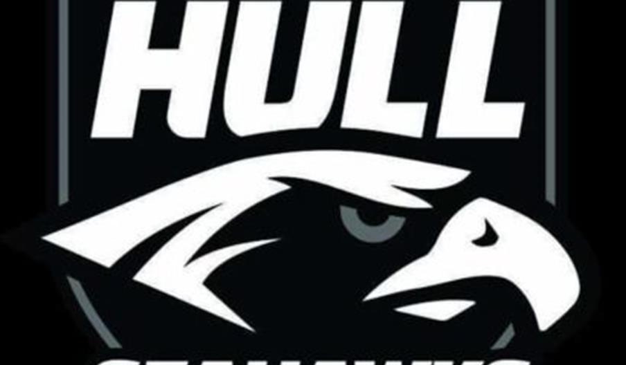 A black and white sports team logo featuring the words "HULL SEAHAWKS" with a stylized hawk head in the center inside a shield outline.