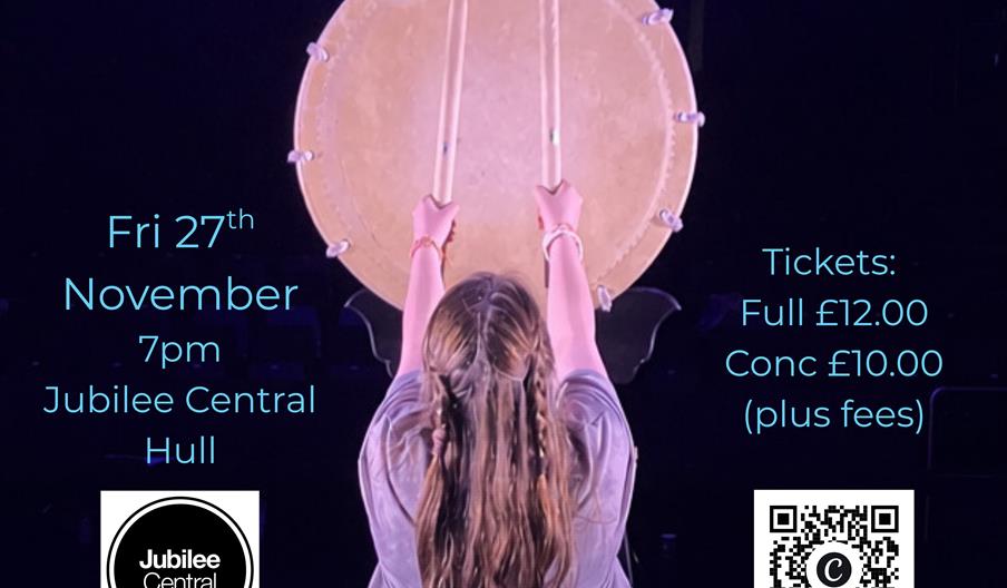 A girl with two sticks hits a large taiko drum, with text next to her that reads 'Fri 27th November 7pm Jubilee Central Hull, Tickets Full £12.00, Con