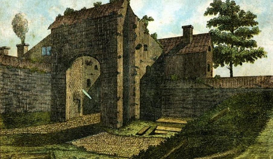 An illustration of the North Gate in Hull from the year 1541, showing a stone arched gateway with adjoining buildings and walls, surrounded by greener