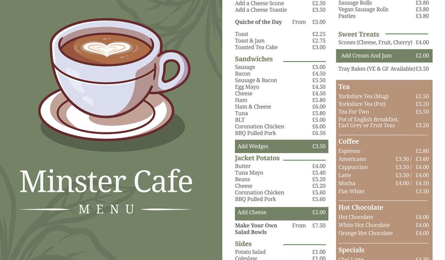 A cafe menu and selection of hot and cold drinks.