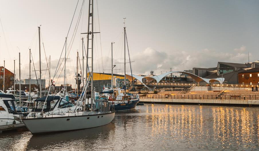 Hull Marina at dusk, with multiple boats in the water and a lit walkway behind them. Murdoch Connection Bridge lies off in the distance.