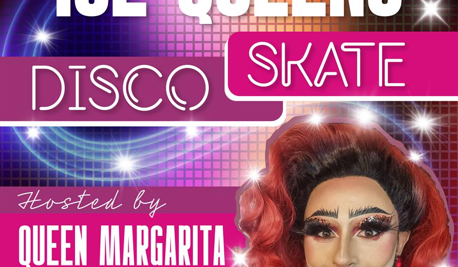 Pink and purple disco style background with image of Queen Margarita a bearded drag queen