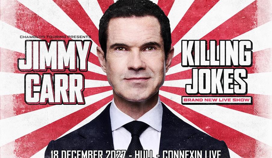 Promotional image for Jimmy Carr's "Killing Jokes" live show, featuring Jimmy Carr in a suit against a red and white sunburst background with text ann