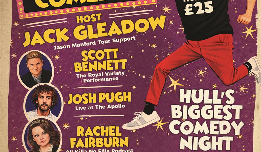 A promotional poster for Jubilee Central Comedy, featuring several cartoon caricatures of Comedians, highlighting it as 'Hull's Biggest Comedy Night'.