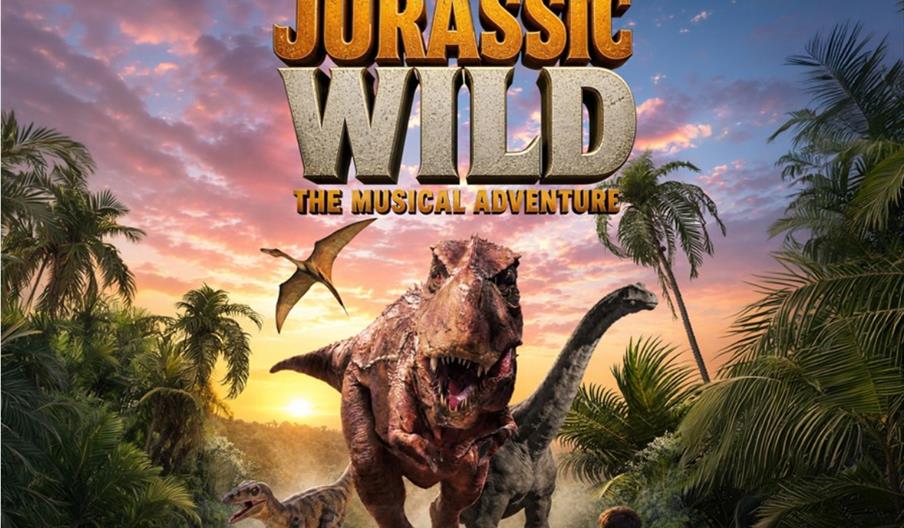 Poster for "Jurassic Wild: The Musical Adventure" showing various dinosaurs, including a T. rex, a brachiosaurus, a pterosaur flying in the sky, and s