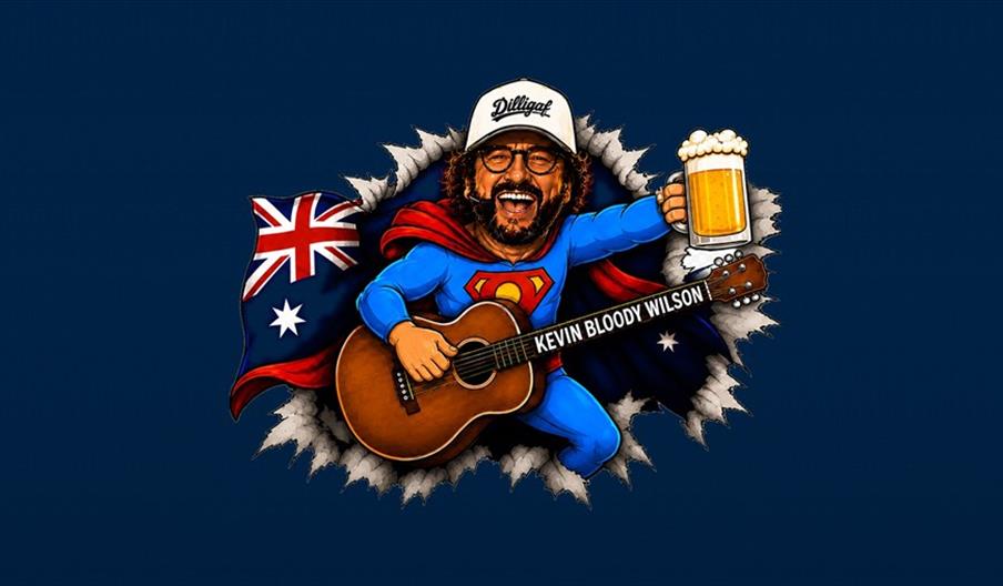 Cartoon illustration of a man dressed as Superman with a red cape and blue suit, holding a guitar labeled "Kevin Bloody Wilson" and a mug of beer, app