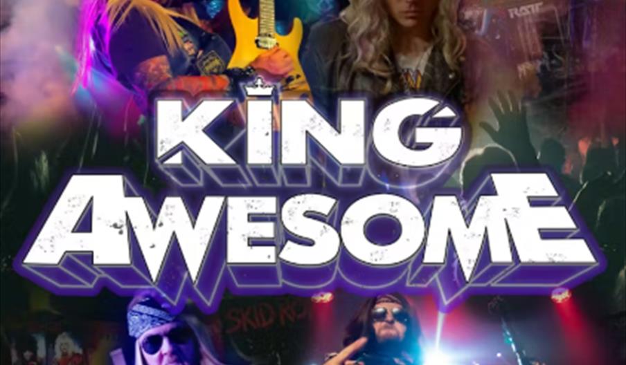 Four rock band members are performing on stage with colorful lights and smoke, with the bold, stylized text "KING AWESOME" across the center of the im