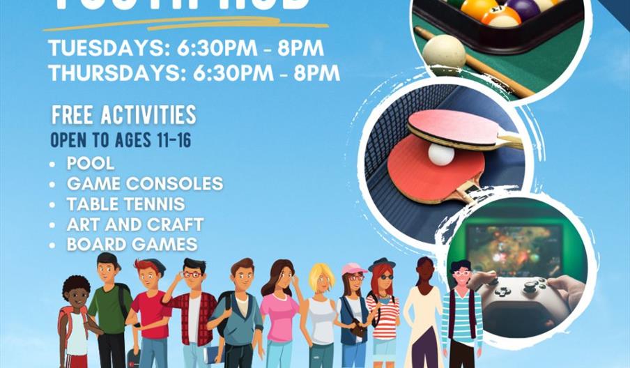 Promotional poster for "Kingswood Youth Hub" advertising free activities for ages 11–16 on Tuesdays and Thursdays from 6:30–8:00pm at Kingswood Commun