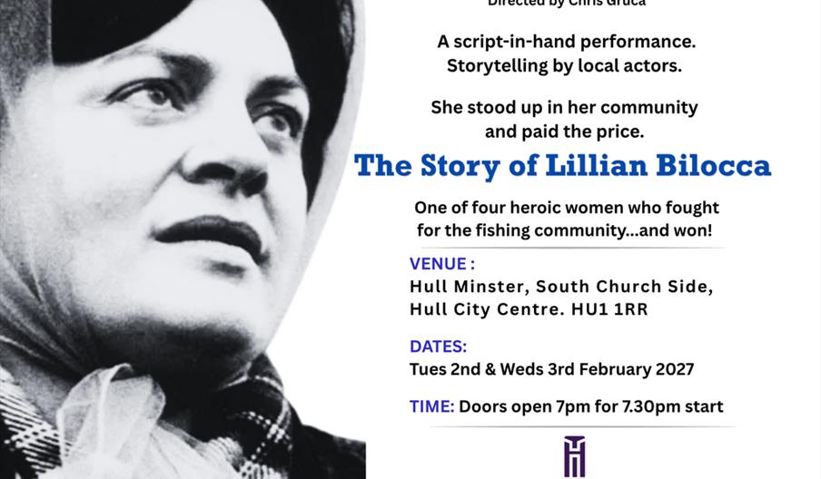 Promotional poster for the play "LIL: The Story of Lillian Bilocca" showing a black-and-white photo of a woman in a scarf on the left, with event deta