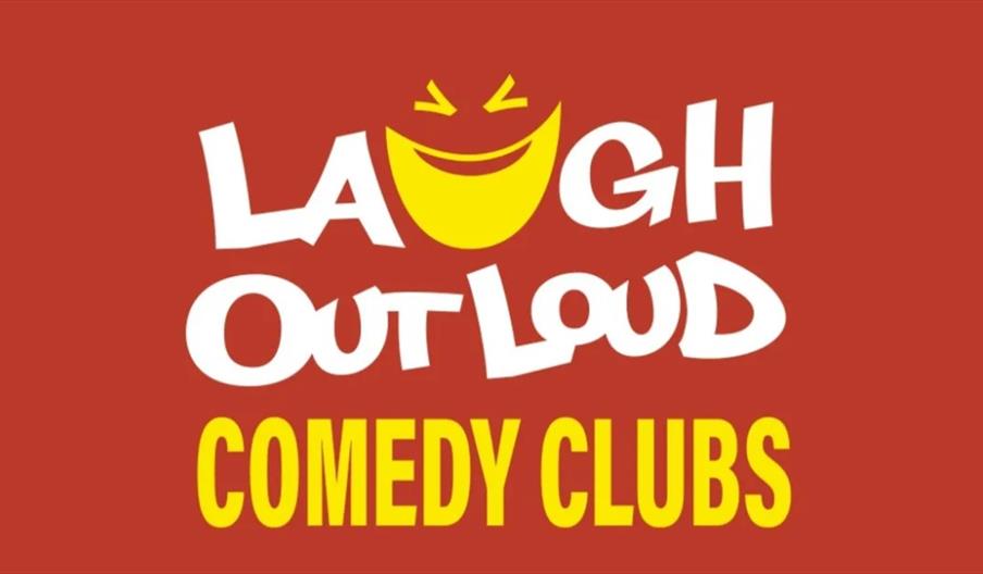 Logo with the words "Laugh Out Loud Comedy Clubs" in bold, playful white and yellow fonts on a red background, with a yellow smiling face forming the