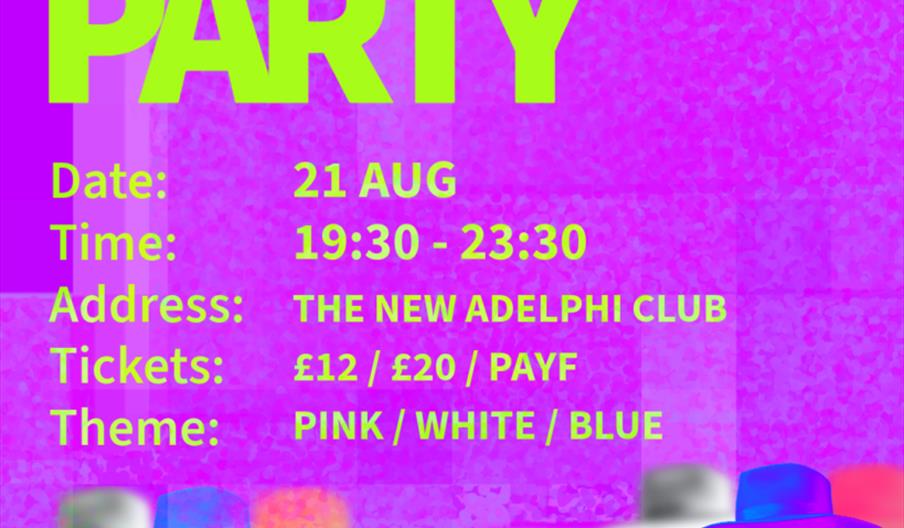 Bright event poster for "Queer Noise Complaints Launch Party" with date (21 AUG), time (19:30–23:30), address (The New Adelphi Club), ticket prices (£