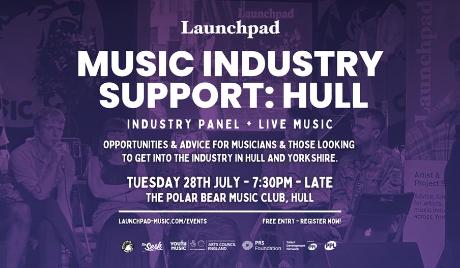 Promotional banner showing several people on a stage panel under large text reading "Music Industry Support: Hull, Industry Panel + Live Music," with