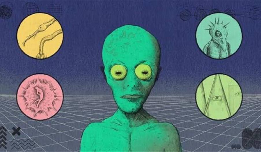 A green alien with large yellow eyes stands in the center of a grid-patterned landscape, surrounded by four colored circles containing abstract drawin