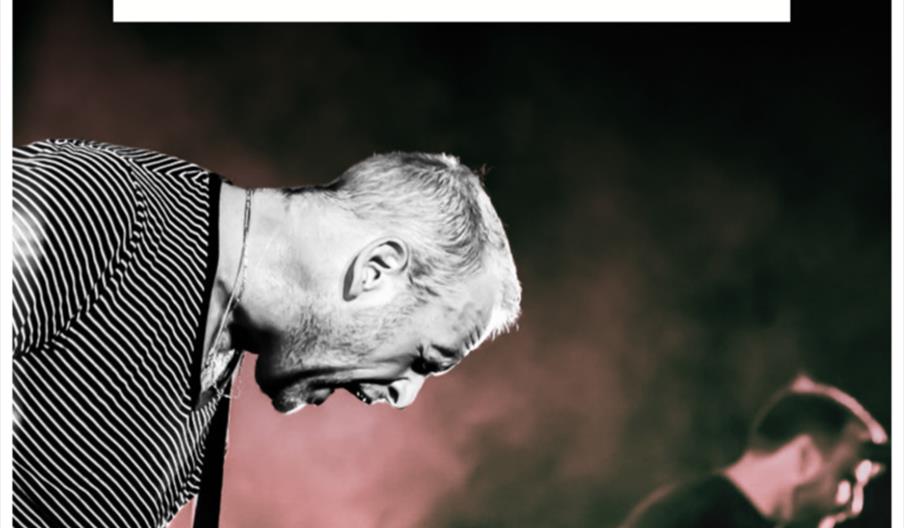 Poster for the band "LIVES" featuring a black and white photo of two musicians playing electric guitars with intense energy on stage. Text at the bott