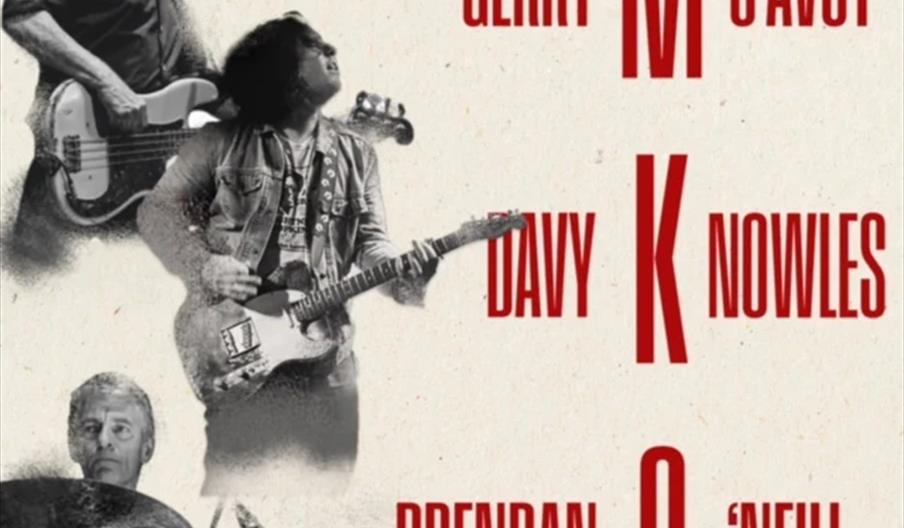 3 men playing different instruments appear next to their names in bright red. 'Gerry McAvoy, Davy Knowles and Brendan O'Neill'.