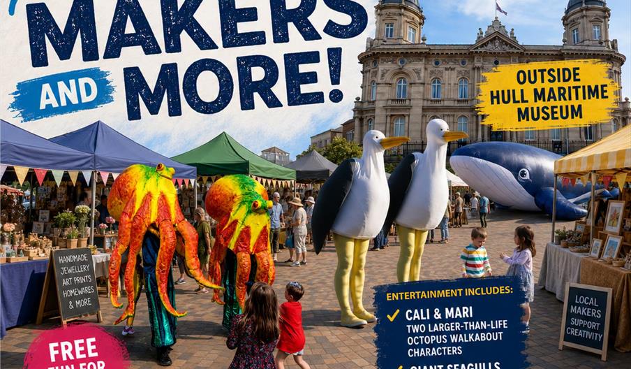 Promotional poster for "Hull City Centre Makers and More!" showing a lively outdoor market with colourful stalls, giant octopus and seagull walkabout