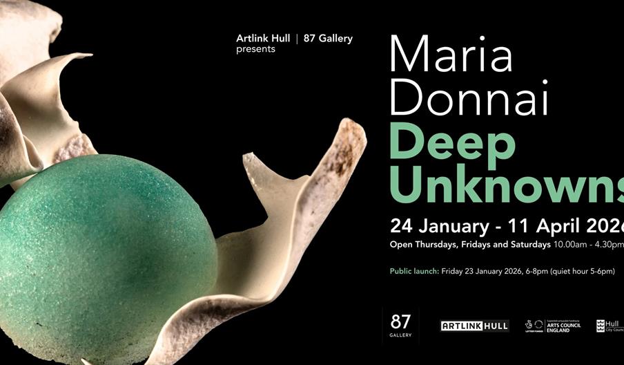 Exhibition poster for "Deep Unknowns" by Maria Donnai at 87 Gallery, showing a textured green sphere nestled within abstract, wavy off-white forms on