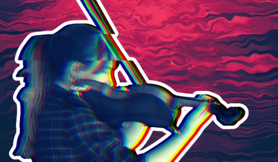 Poster featuring a stylized, multicolored silhouette of a person playing the violin against a vibrant, wavy pink and purple background. Text promotes