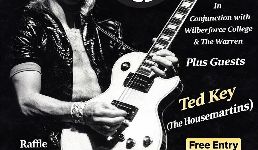 Poster for Mick Ronson's 80th Birthday Party on 31st May from 2pm to 6pm, featuring a black-and-white photo of Mick Ronson playing guitar, with event