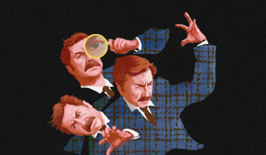 An illustration of a man in a blue plaid suit with a mustache shown three times in different poses; one holding a magnifying glass to his eye, another