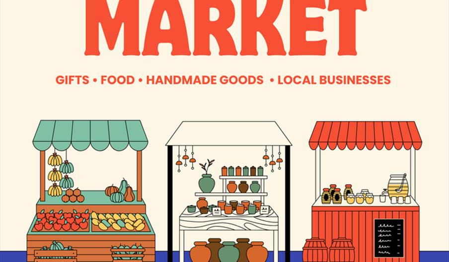 Poster for Hull Minster Market featuring colourful illustrations of three market stalls selling produce, pottery, and goods, with event details: Frida