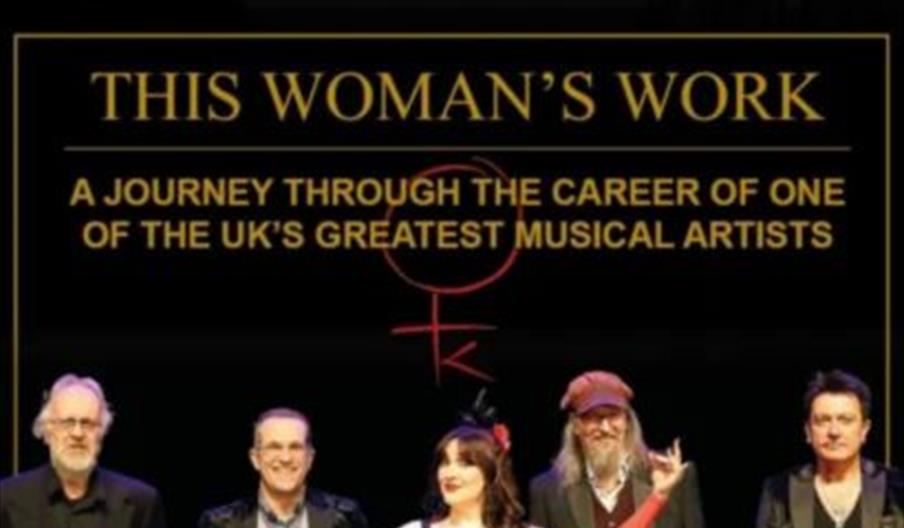Promotional poster for "This Woman's Work: The Ultimate Tribute to Kate Bush," featuring five performers standing side by side, with event details sta