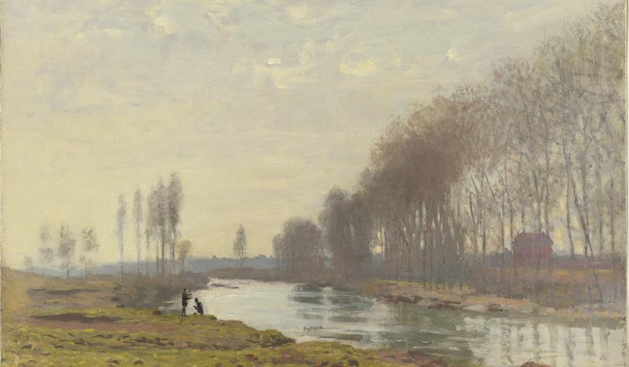 A painting of a river lined with trees and grassy banks.