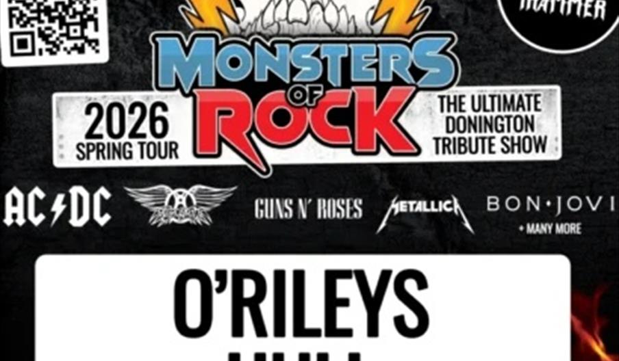 Promotional poster for "Monsters of Rock: The Ultimate Donnington Tribute Show" 2026 Spring Tour at O'Rileys in Hull, featuring a skull with lightning