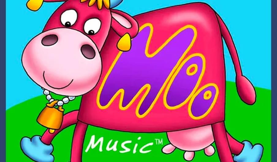 Cartoon illustration of a pink cow with blue hooves and yellow horns, wearing a bell necklace, standing on green grass with a blue sky background. The