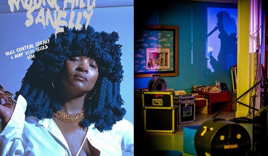 A promotional image split in two; the left side features a portrait of a woman with large blue textured hair, wearing gold jewelry and a white open sh