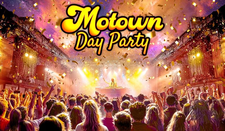 A lively indoor concert scene features a cheering crowd facing a DJ on stage under bright yellow lights, with confetti raining down and "Motown Day Pa