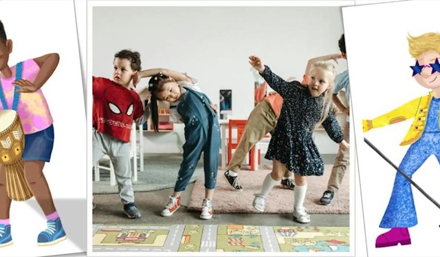 A photo of young children in a classroom bending sideways as if participating in a group activity, flanked by two colorful illustrations: on the left,