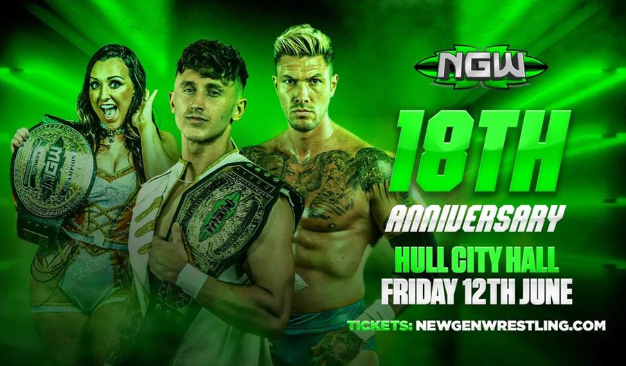 Promotional image for NGW's 18th Anniversary event features three professional wrestlers, two with championship belts, against a green-lit background.