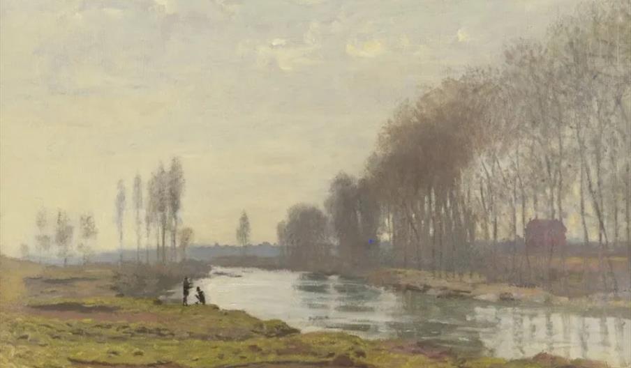 Impressionist painting of a calm river bordered by leafless trees under a cloudy sky, with two small human figures standing by the water's edge in the