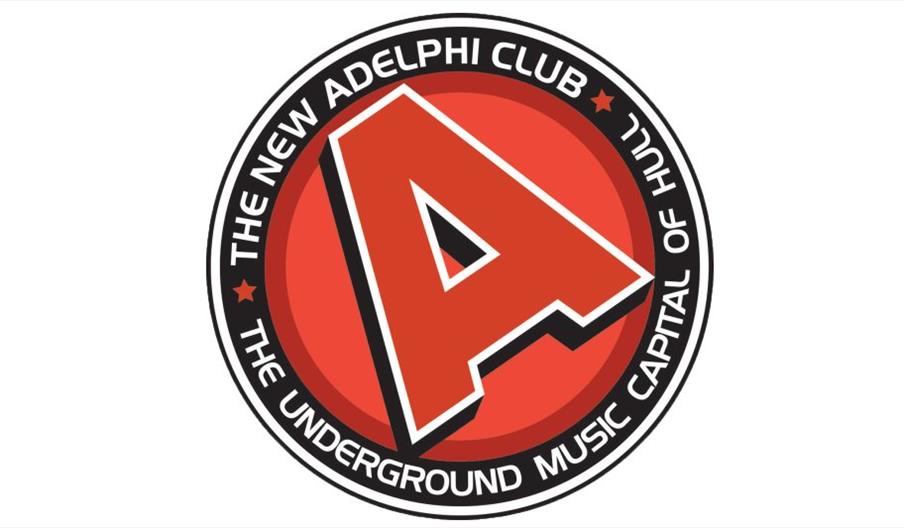 Circular logo featuring a large red letter "A" in the center, surrounded by the text "The New Adelphi Club" and "The Underground Music Capital of Hull
